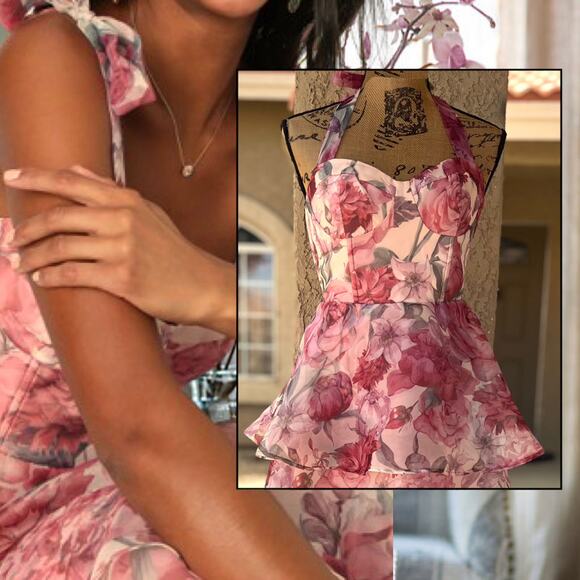 Lulus Blush Floral Organza Tie-Strap Tiered Playfully Posh Midi Dress SIze L - Picture 2 of 13